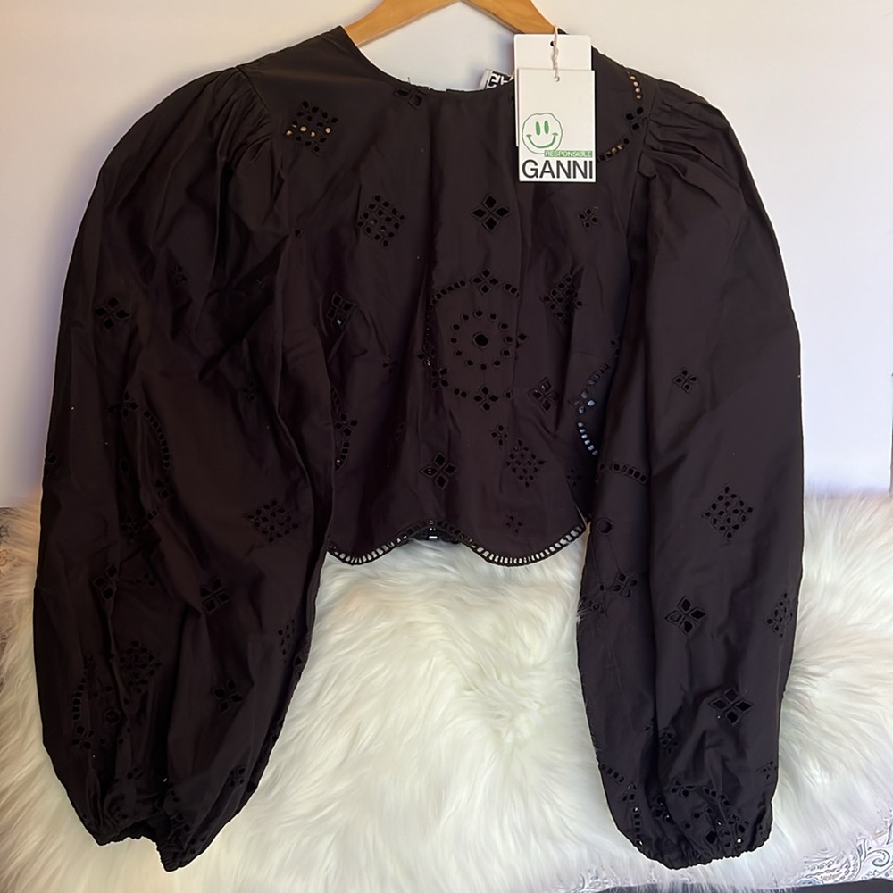 NWT GANNI Cropped broderie anglaise cotton blouse Sz 32.Equivalent toUS XXS or 0 - Picture 3 of 13